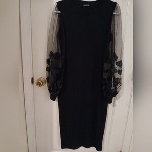 SHEIN Black Midi Dress with Sheer Floral Sleeves Size M